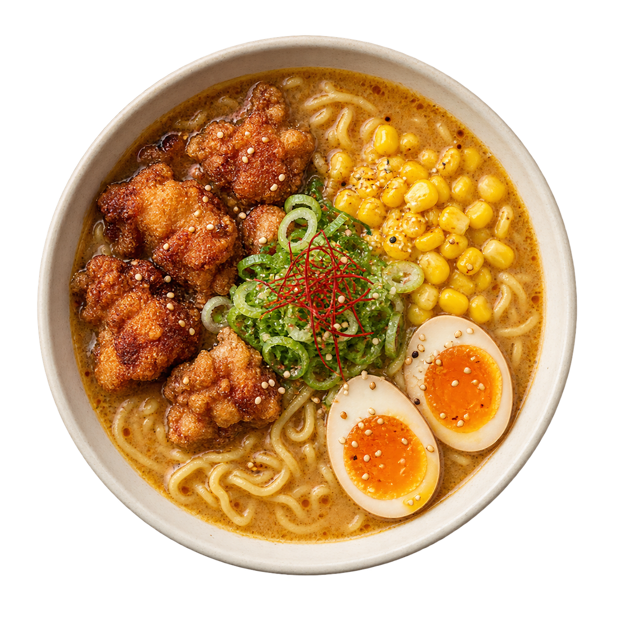 Ramen miso com frango crocante e milho