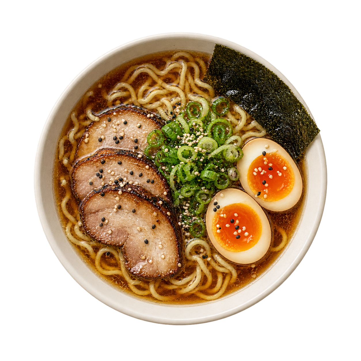 Ramen shoyu com char siu, ovo e cebolinha